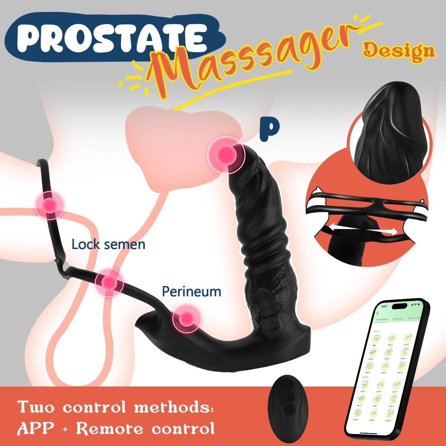 Male Anal Vibrator App Control 9 Vibrating Thrusting Dual Ring Dildo Shaped Prostate Massager - propinkup