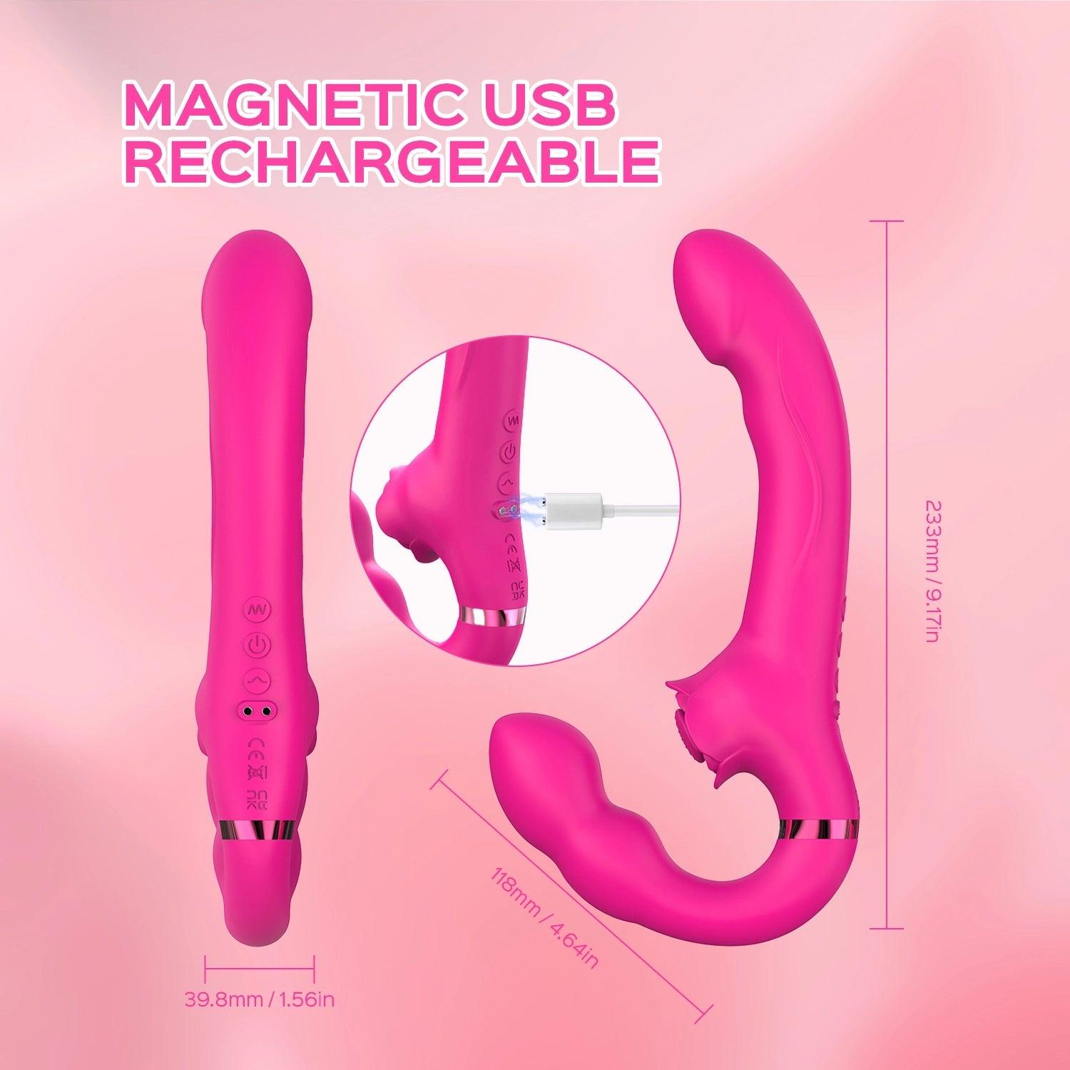 Remote Control Double-Ended Strap-On Dildo Bloom Tapping & Vibrating Strapless Vibrator for Lesbian - propinkup