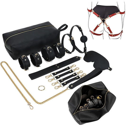 Genuine Leather Bondage Kits Sex Toys Sex Game for Couples Handcuff Ankle Cuffs Collar Gag Hogtie - propinkup