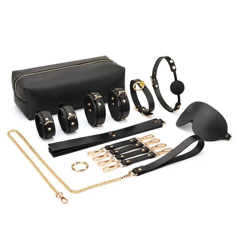 Genuine Leather Bondage Kits Sex Toys Sex Game for Couples Handcuff Ankle Cuffs Collar Gag Hogtie - propinkup