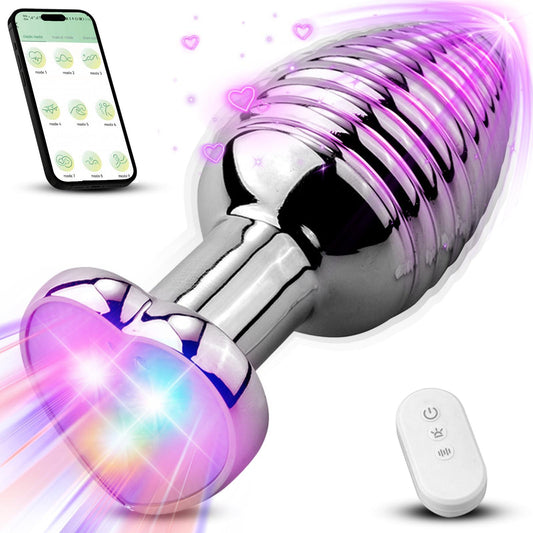 Heart Light Up APP Control Anal Plug 9 Vibration Modes Stainless Steel Anal Vibrator - propinkup